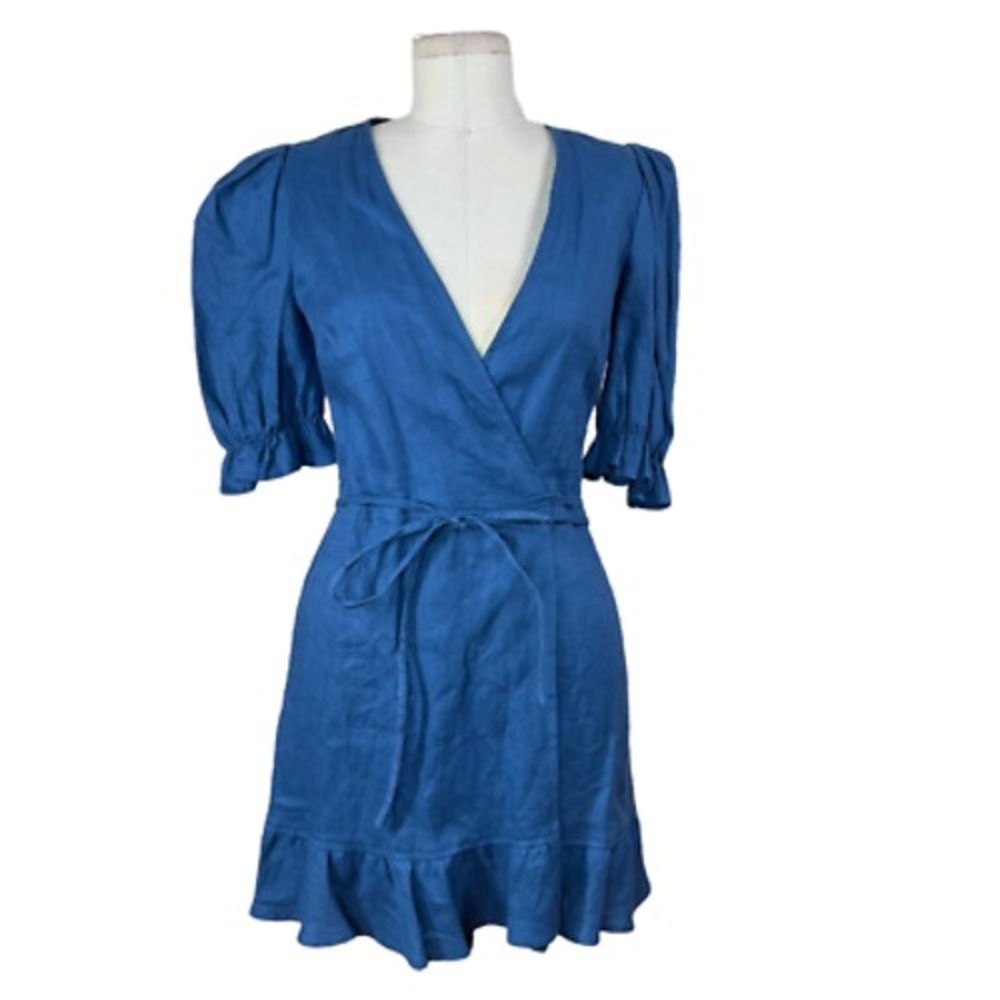 Reformation Carmelo Wrap Mini Dress Linen Puff Sleeve Azul Blue Size XS
